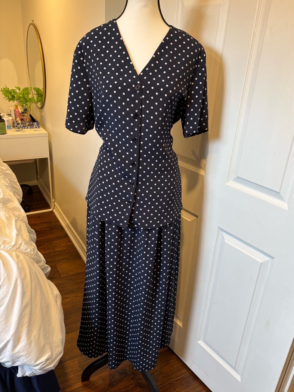 Vintage 90s Navy Polka Dot Blouse Midi Skirt Two Piece Set M L